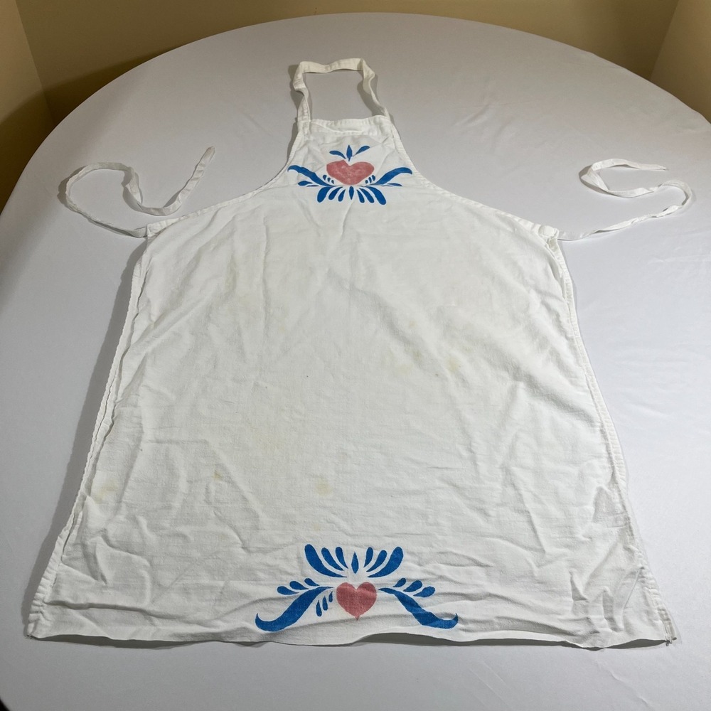 Vintage Folk Art Apron White Cotton Blue Pink Heart Scandinavian Cottagecore 34i